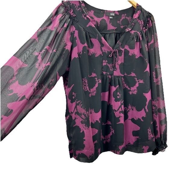 a.n.a. Floral Tunic Top XL Black Purple Blouse Keyhole Shirt Sheer Sleeve - Picture 2 of 10